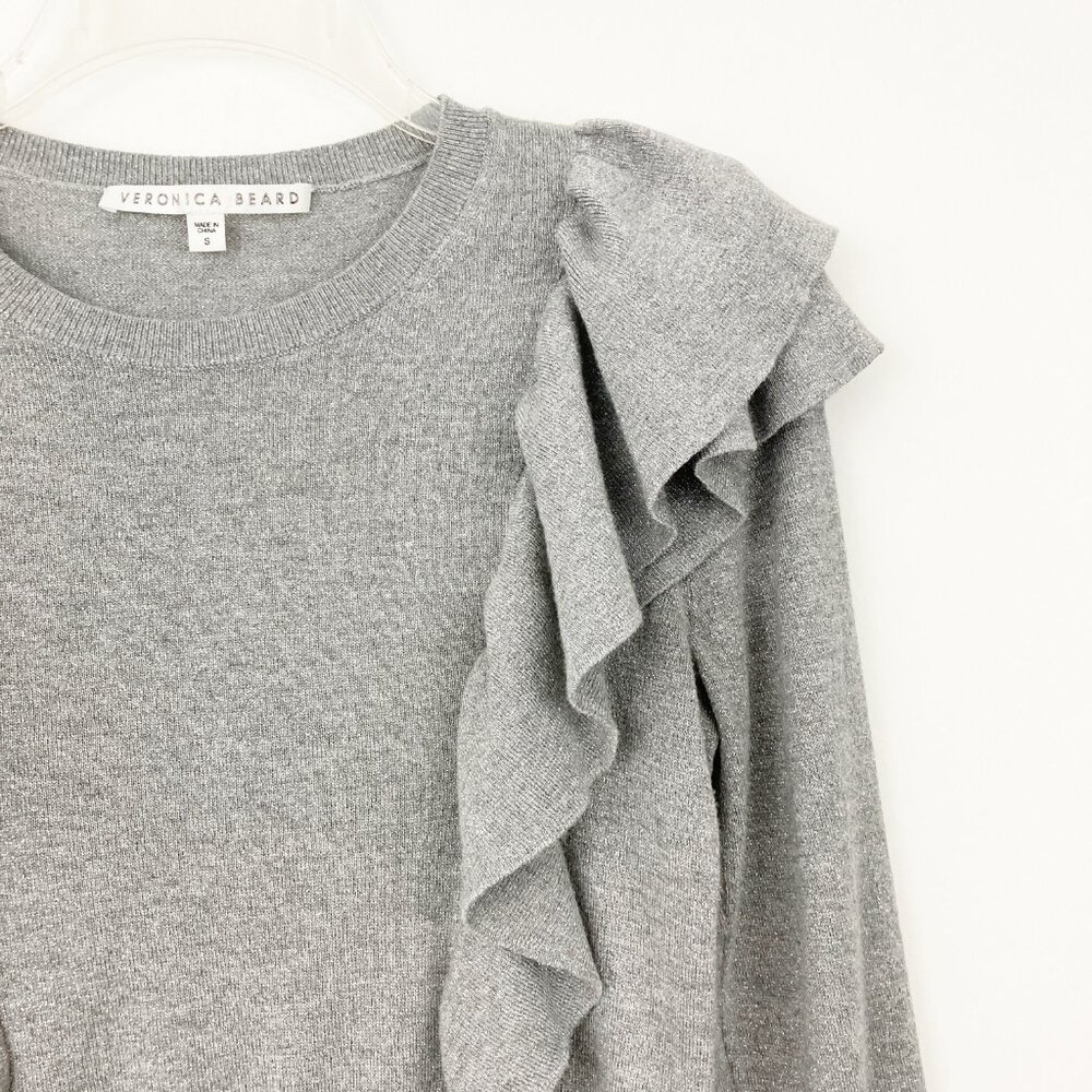 Veronica Beard Centre Ruffle Crewneck Metallic-knit Sweater Size S Gray Sparkle - Picture 5 of 10